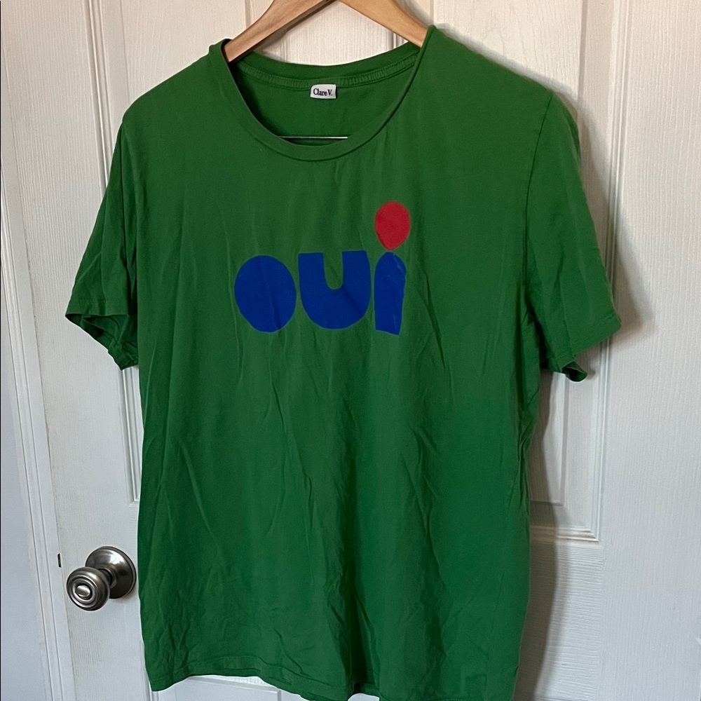 Clare V Green Tee with Blue and Red 'Oui' Graphic